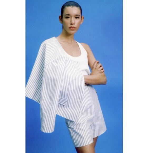 Zara Cream White Striped Long Sleeve Gold Button Down Crop Blazer Coat Jacket S - Picture 9 of 13